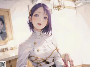 A woman in a white shirt and black skirt holding a pen.