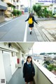 A woman in a school uniform is walking down the street.